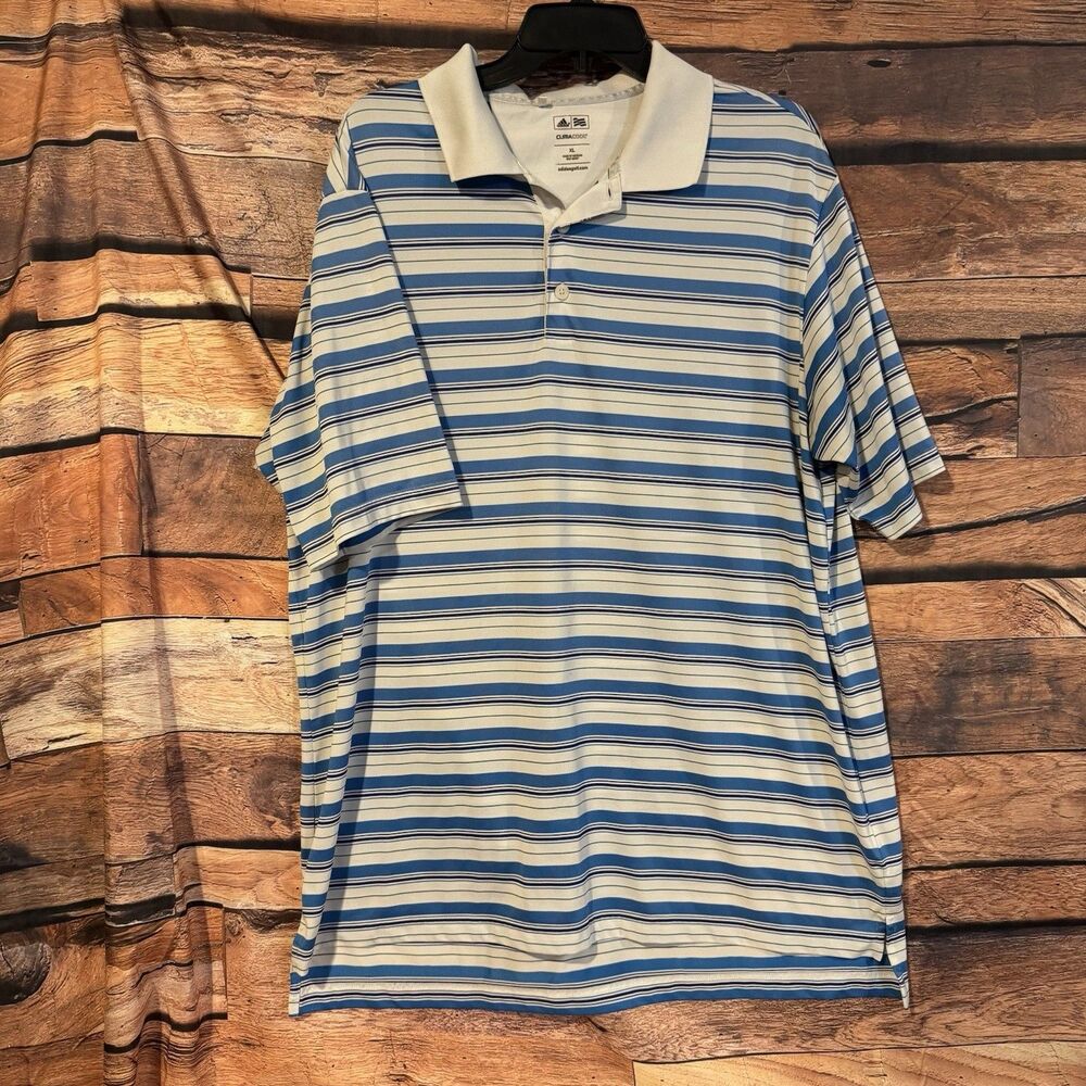 Adidas Golf Shirt Mens XL ClimaCool Blue White Striped Polo Short Sleeve X22558